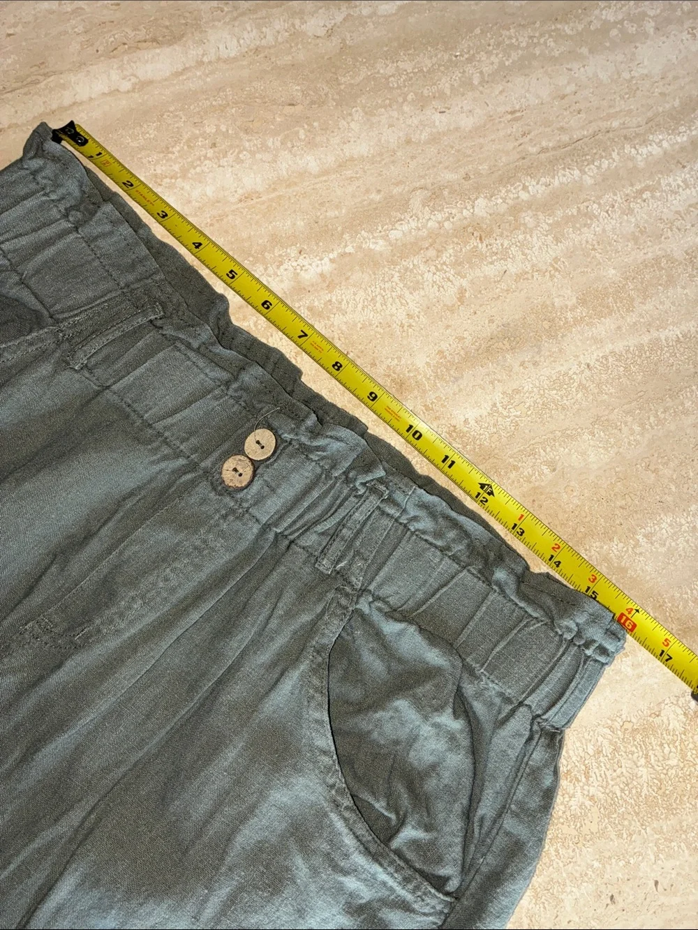 Rewind wide leg Pants, women's L, olive Linen-Blend elastic paperbag waist. EUC